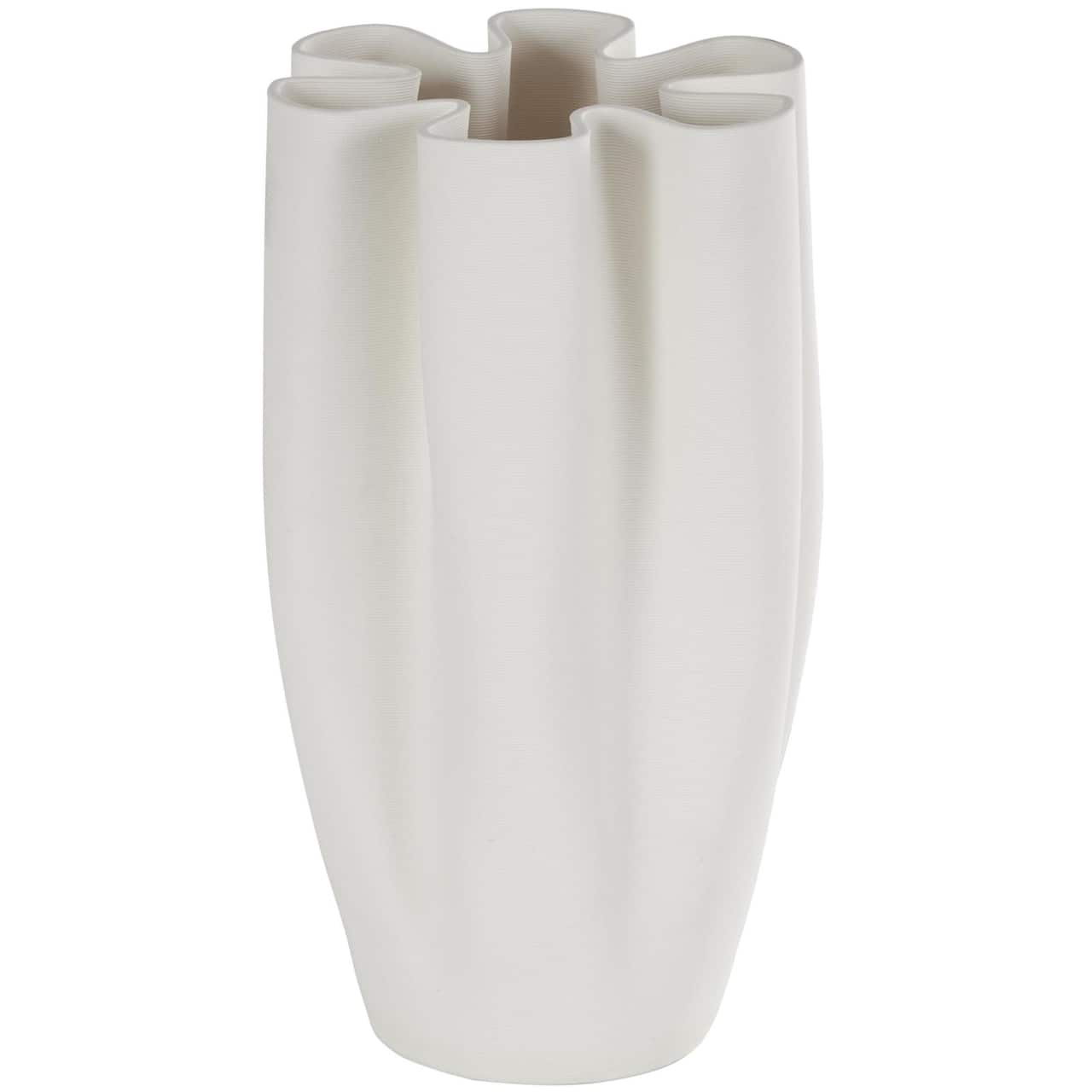 White Ceramic Abstract Ribbed Dimensional Folded Vase with Floral Shaped Rim